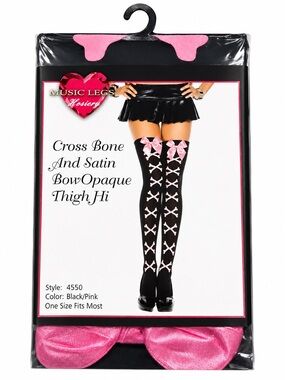 Music Legs Black Thigh-Highs with Pink Cross-Bone and Satin Bows